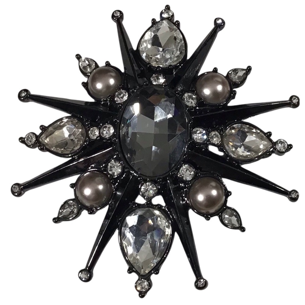 Hutton Wilkinson Starburst Brooch Black  Enamel Smokey Gemstone Costume Vintage